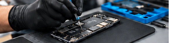 A technician's gloved hands repairing a phone's internals on a workbench