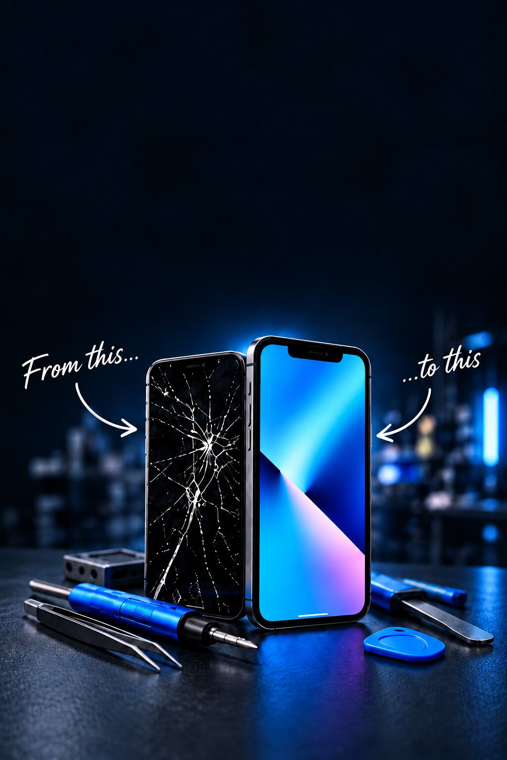 Illustration of a phone with a shattered screen beside the same phone fully repaired, surrounded by repair tools on a dark workbench