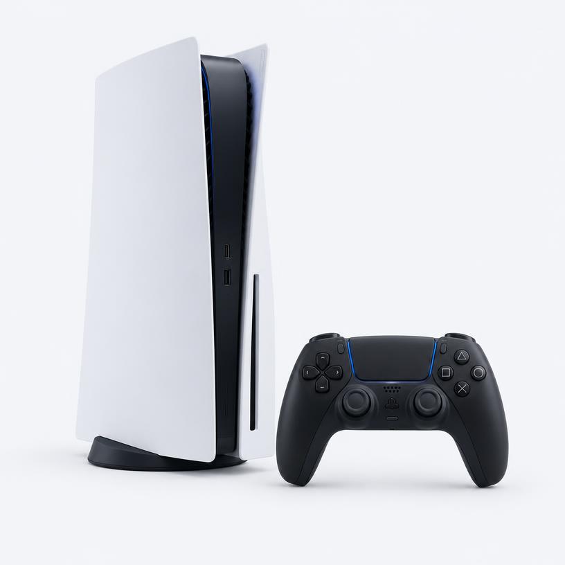 A white game console standing next to a black wireless controller